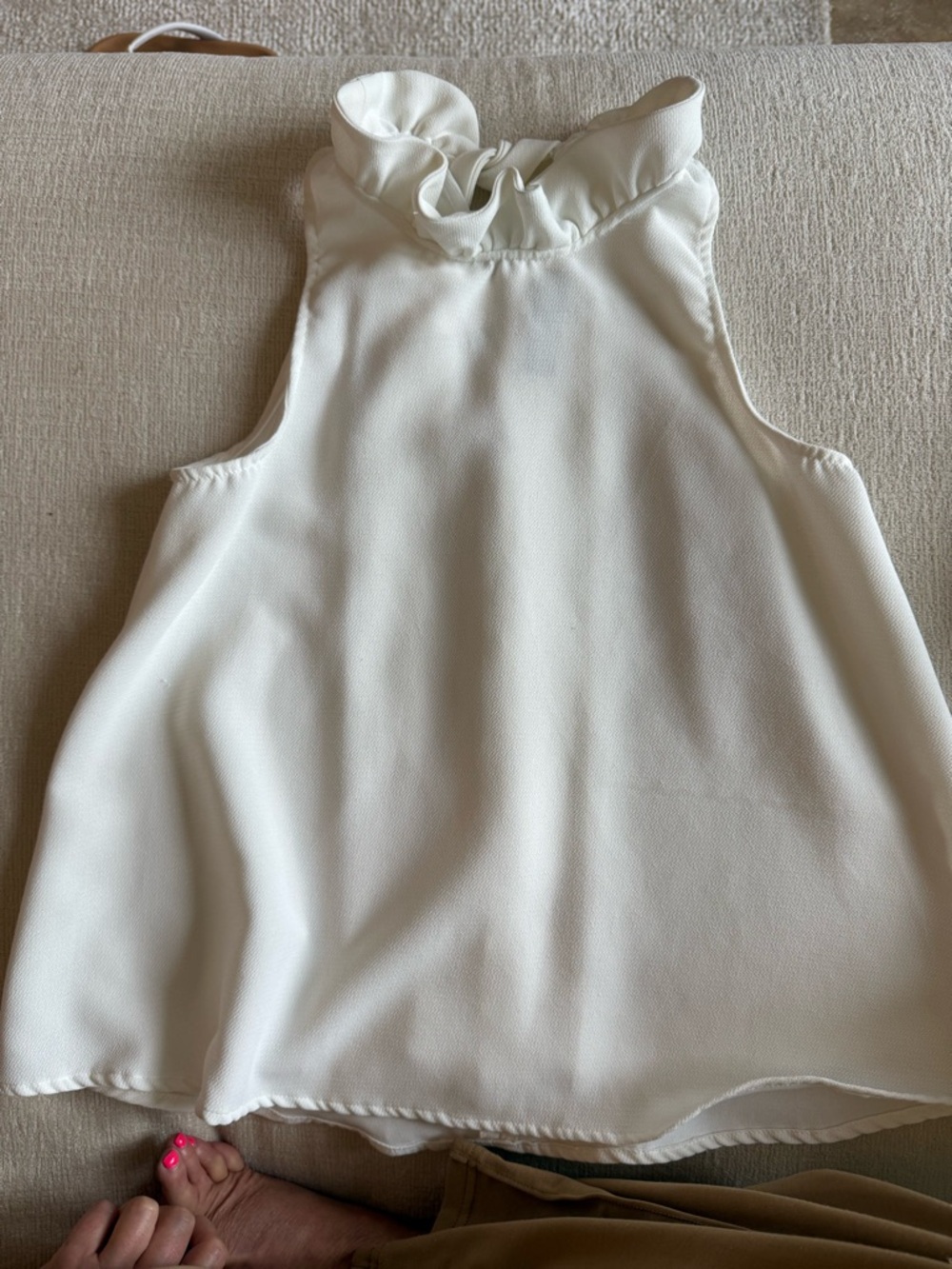 Pomander Place White Sleeveless Ruffle Neck Blouse